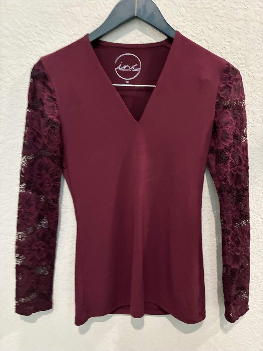 INC International Concepts Wine V-Neck Top with Lace Sleeves